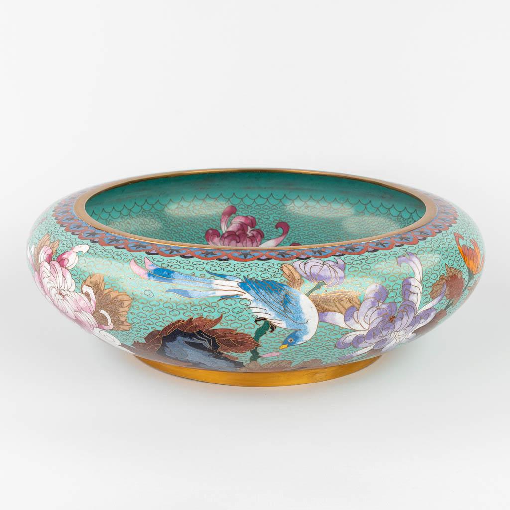 A large bowl made of cloisonnÃ© bronze, decorated with fauna and flora.  (H:12,5 x D:39 cm) (1 of 15)