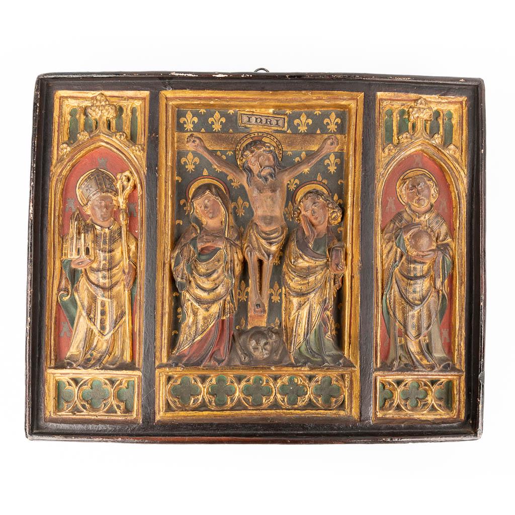 A religious Triptych made of patinated plaster in gothic revival style. 20th C. (W: 46 x H: 37 cm) (1 of 9)