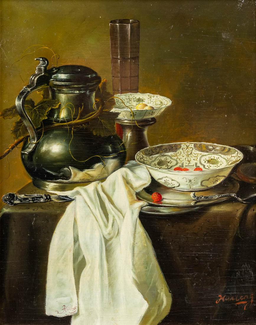 Stilllife with an antique tin jug, oil on panel. 20th C. (W: 20 x H: 25 cm) (1 of 7)