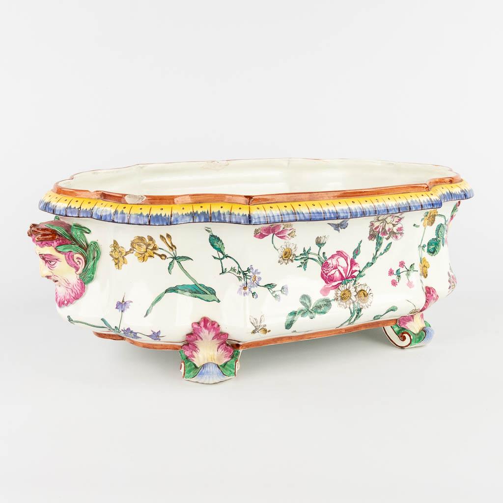 Faiencerie de Gien, a large bottle cooler with a hand-painted decor of fauna and flora. 19th C.: Faiencerie de Gien, a large bottle cooler with a hand-painted decor of fauna and flora. 19th century. (L:33 x W:57 x H:19 cm)