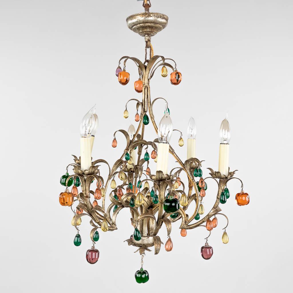 A decorative chandelier, brass with coloured glass. (H:60 x D:50 cm) (1 of 11)