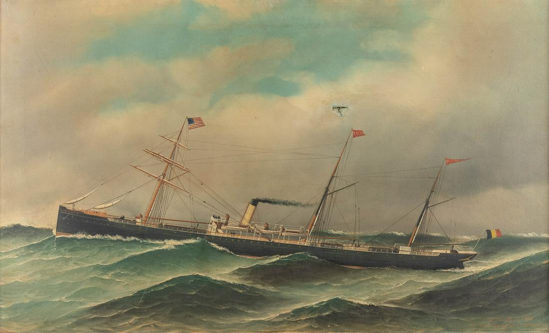 Antonio JACOBSEN (1850-1921) 'Peter De Conick' oil on canvas, 1888. (W:92 x H:56 cm): Antonio JACOBSEN (1850-1921) 'Peter De Conick' A painting, oil on canvas. Ship named 'Peter De Conick'. Signed and dated, lower right, 1888. 705 Palisade Av. West Hoboken. N