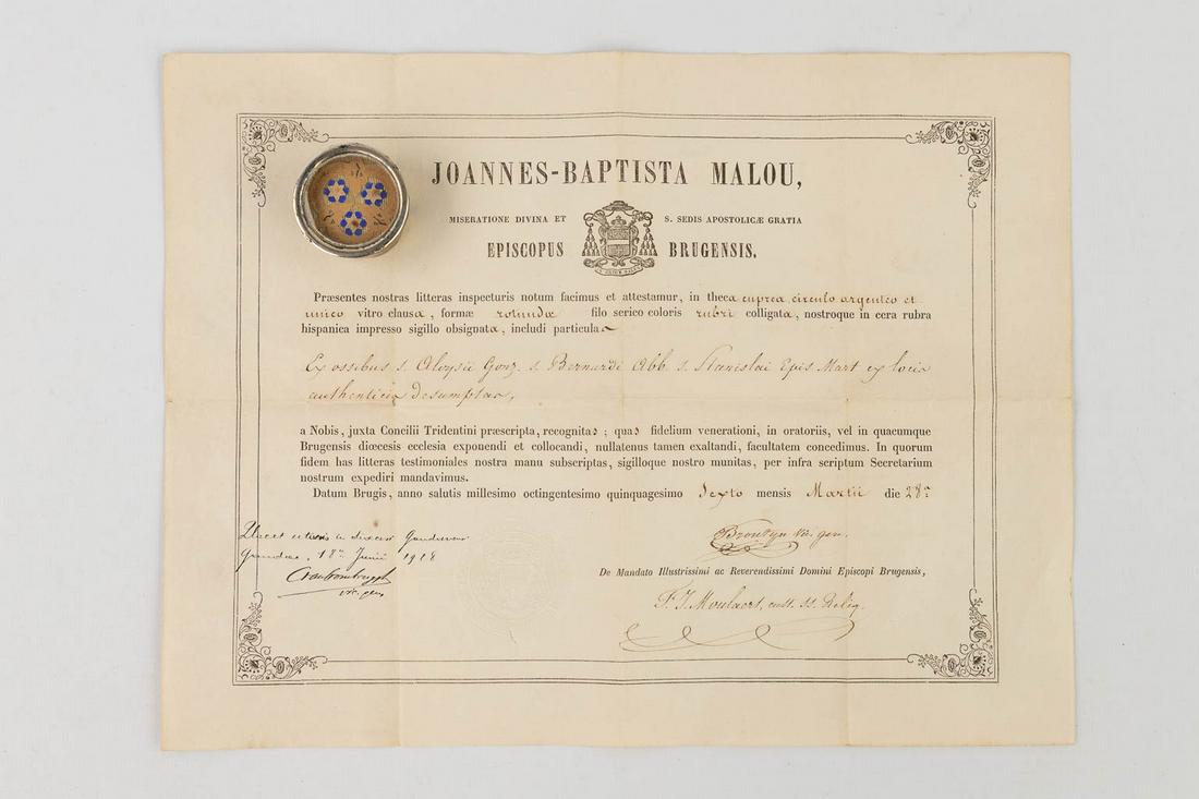 A sealed Theca with relic: Ex. Ossibus Sancti Alerysii Gons, S. Bernadi Abbot, S. Stanislai (H:1,5 x: A sealed Theca with relic: Ex. Ossibus Sancti Alerysii Gons, S. Bernadi Abb, S Stanislai The theca has a relic for Sain. Stanislaus Mart., Saint. Benedict Abbot., Saintt. Aloysius Gonzaga. The t