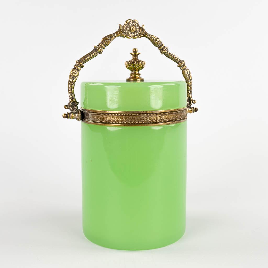 A green storage box, Opaline glass mounted with brass. 20th C. (D:12,5 x W:16 x H:26 cm) (1 of 12)