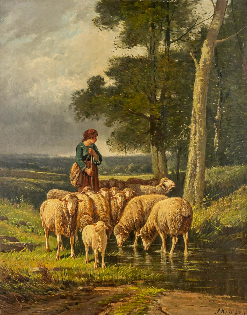 Een antiek schilderij, 'School of Barbizon', illegibly signed. 19th C. (W:65 x H:81 cm) (1 of 6)