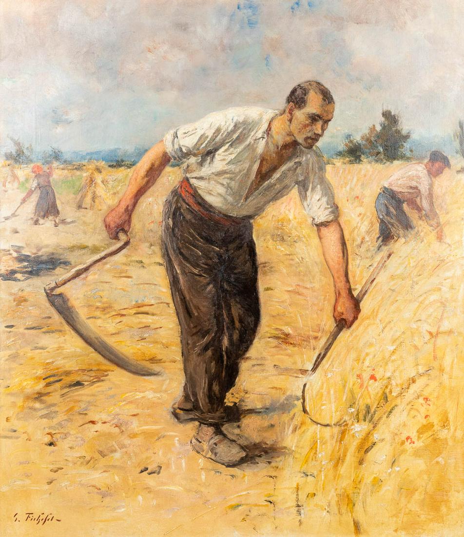 Georges FICHEFET (1864-1954) 'The Harvest' a painting, oil on canvas. (W:99 x H:114 cm) (1 of 11)