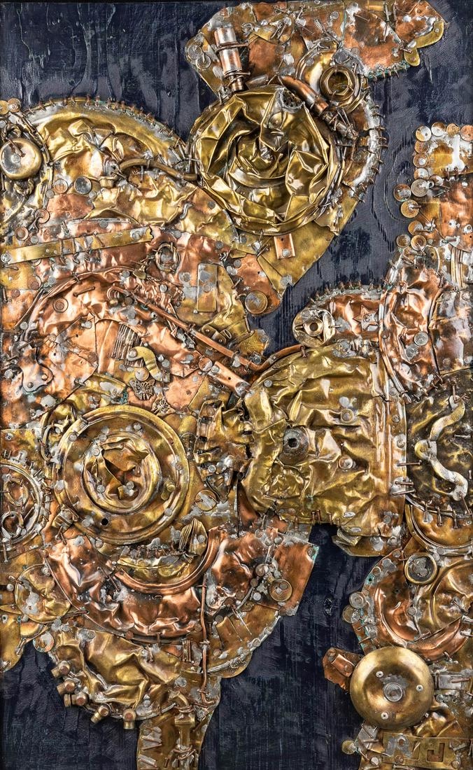 An abstract piece of art, yellow and red copper mounted on a wood plate. 20th C. (W:62 x H:98 cm) (1 of 12)