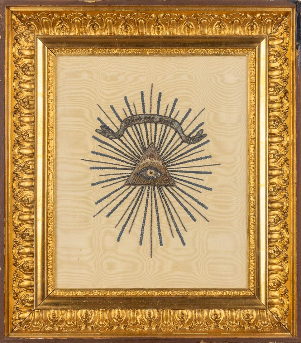 A framed embroidery, 'Deiu Me Voit', The Eye Of Providence. (W:37 x H:42 cm) (1 of 4)