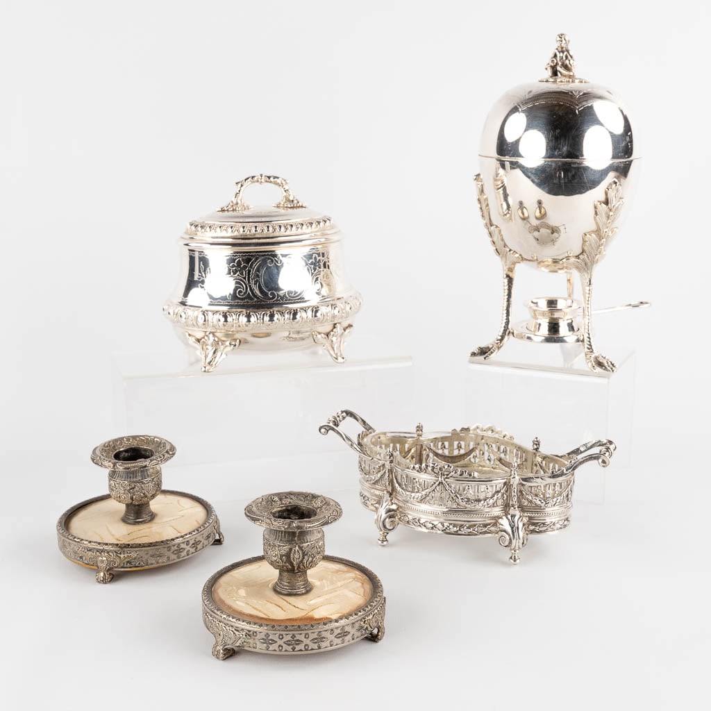 Five table accessories, silver-plated metal, Egg Coddler, Candelabra, JardiniÃ¨re. (H:22,5 x D:11: Five table accessories, silver-plated metal, Egg Coddler, Candelabra, JardiniÃ¨re. Dimensions: (H:22,5 x D:11 cm)