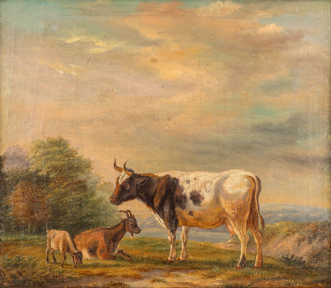 Charles DESAN (XIX) 'Cow and a Ram' oil on canvas, maroufled on a panel. (W:32 x H:28 cm) (1 of 7)