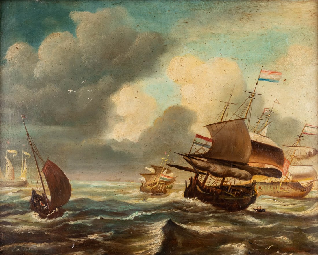 Ida CALZOLARI (1936) A Dutch marine battle on a rough sea, a decorative paintings oil on panel.: Ida CALZOLARI (1936) A Dutch marine battle on a rough sea, a decorative paintings oil on panel. Signed Calzolari lower left. Dimensions: (W:30 x H:23,5 cm)