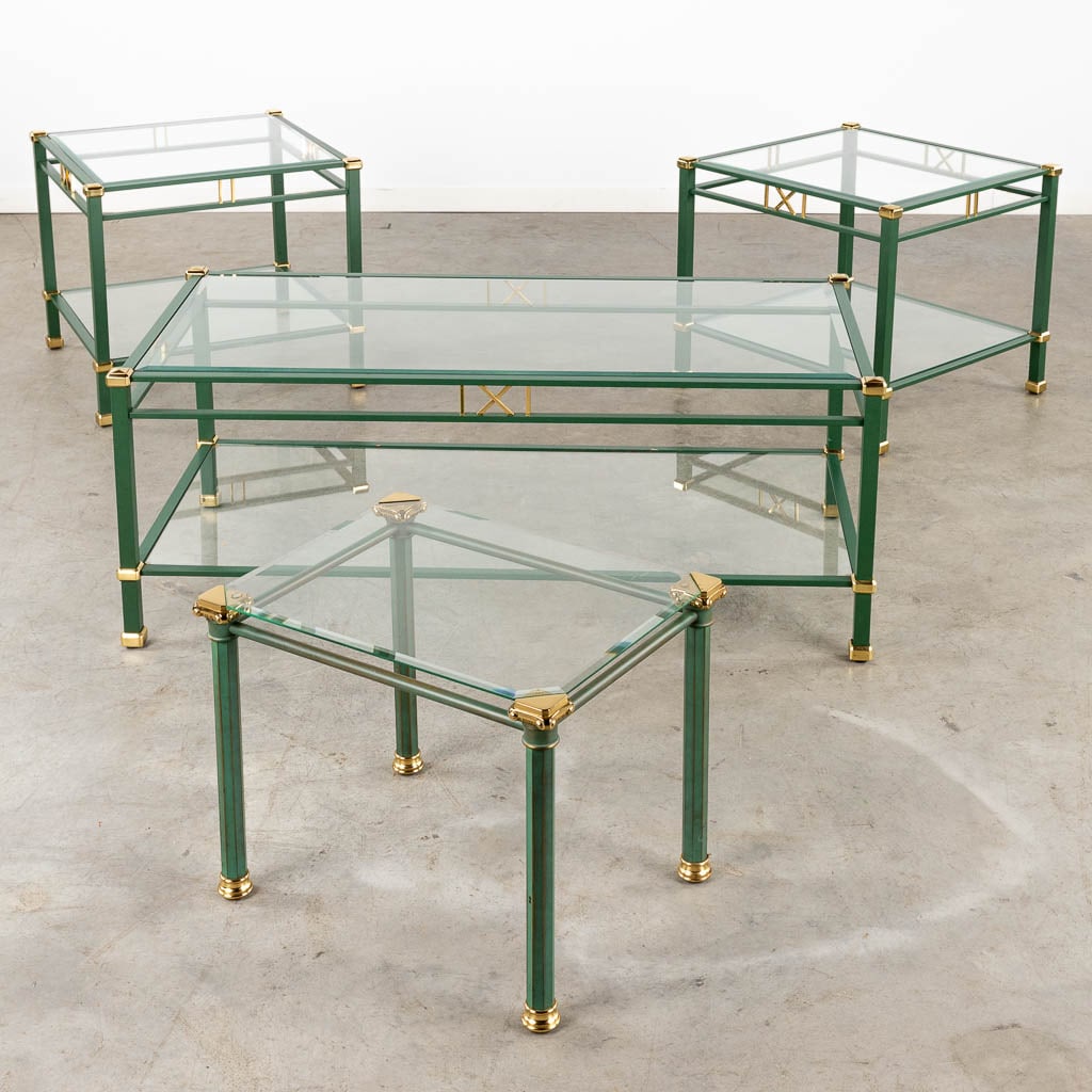 4 matching coffee and side tables, lacquered metal and glass, circa 1980. (L:58 x W:118 x H:46 cm) (1 of 13)