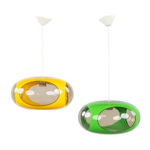 Luigi COLANI (1928-2019) 'UFO' a pair of 'Space Age' lamps, Yellow and green. (H:70 x D:39 cm): Luigi COLANI (1928-2019) &#39;UFO&#39; a pair of &#39;Space Age&#39; lamps, Yellow and green. Dimensions: (H:70 x D:39 cm)