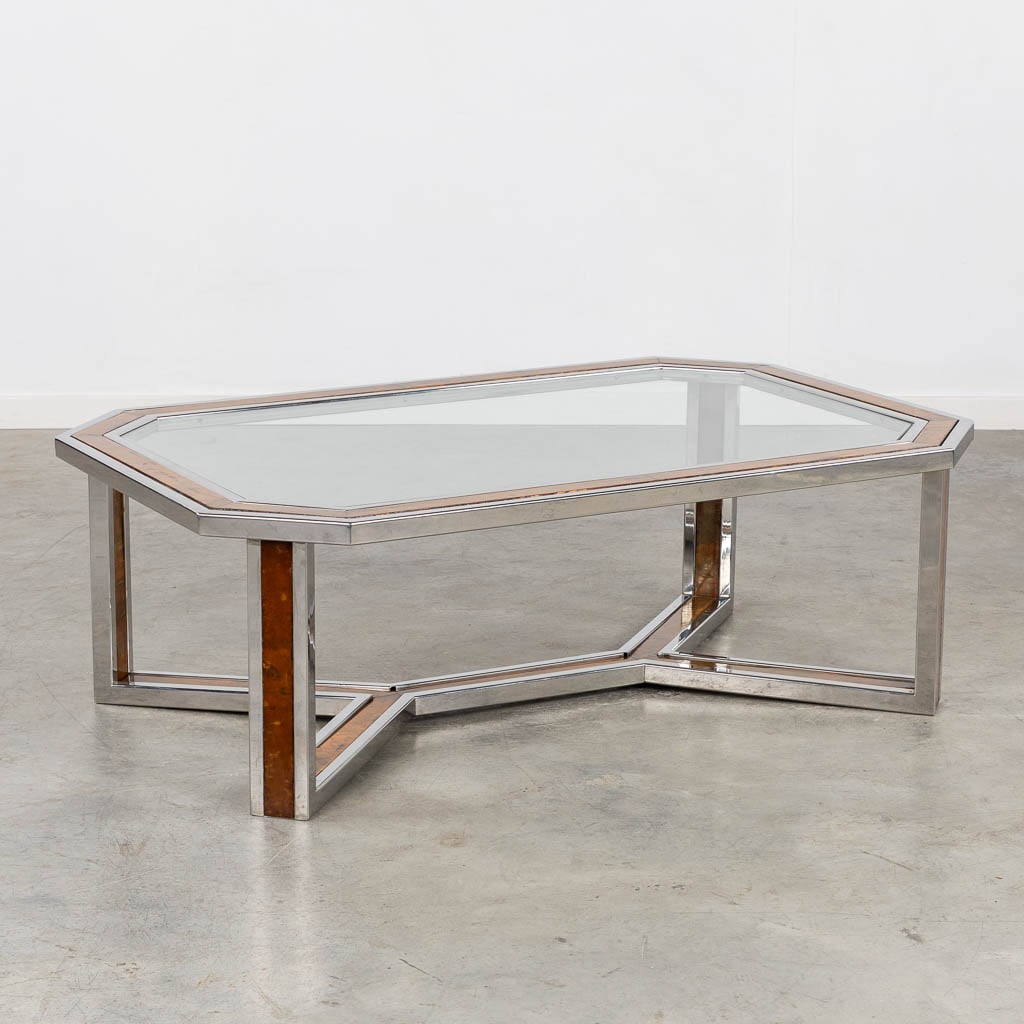 A coffee table, chrome with a faux wood inlay and a glass top. (L:80 x W:120 x H:40 cm) (1 of 10)