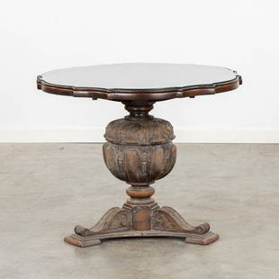 Maison Franck, a round coffee table with tortoise shell and a glass top. (H:59 x D:70 cm): Maison Franck, a round coffee table with tortoise shell and a glass top. Dimensions: (H:59 x D:70 cm)