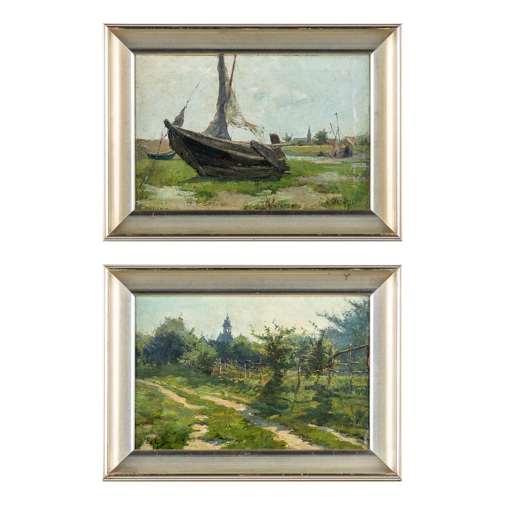 Emile VAN DOREN (1865-1949) 'Pendant Paintings' oil on canvas. (W:43,5 x H:24 cm): Emile VAN DOREN (1865-1949) 'Pendant Paintings' oil on canvas. Two paintings: 'Landscape with a ship'. Signed lower right and left. Dimensions: (W:43,5 x H:24 cm)