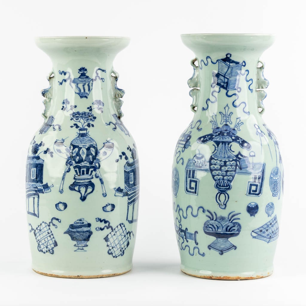 Two Chinese vases with a blue-white decor. 19th/20th C. (H:42,5 x D:19 cm) (1 of 11)