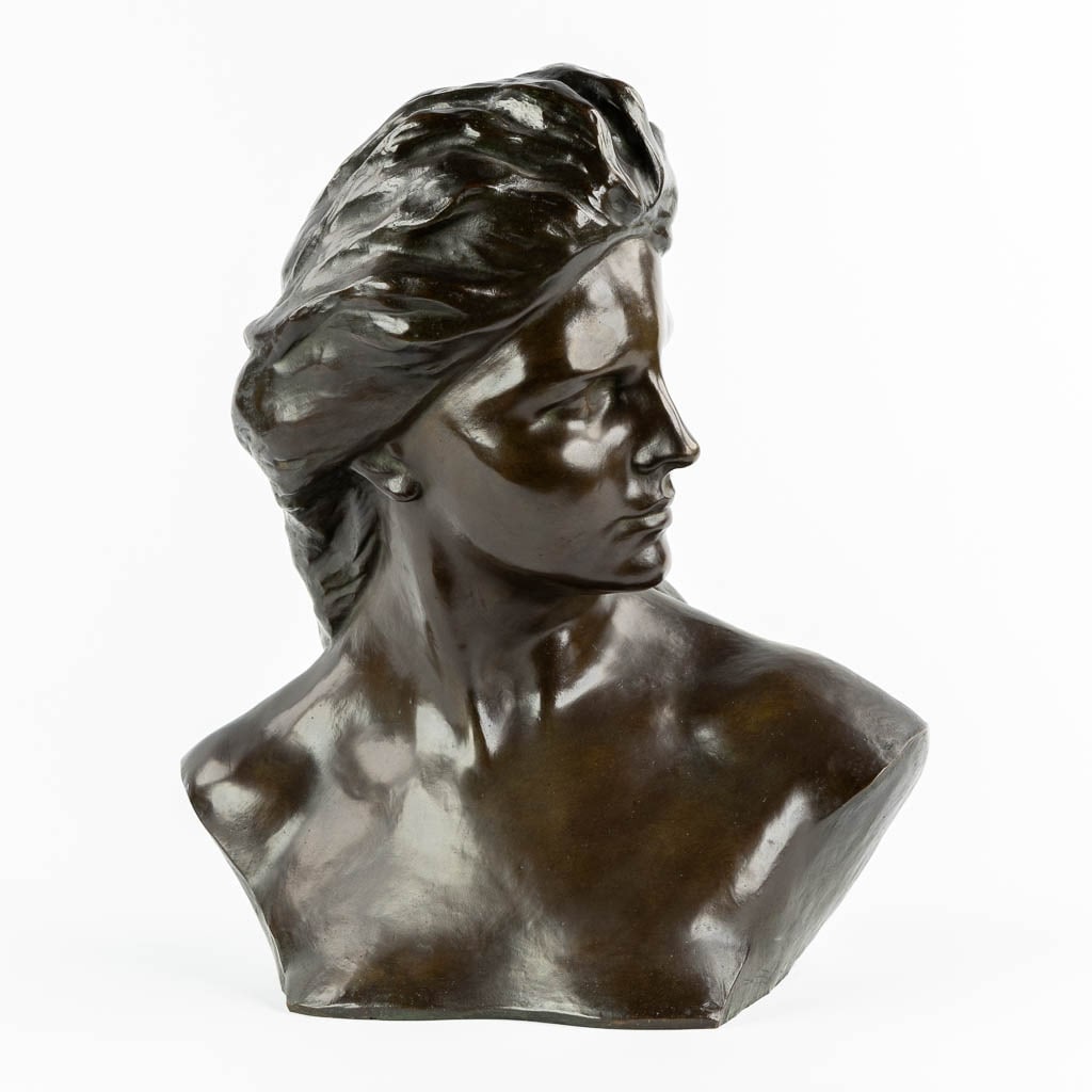 Jef LAMBEAUX (1852-1908) 'Bust of a young lady' patinated bronze. (L:35 x W:47 x H:53 cm): Jef LAMBEAUX (1852-1908) 'Bust of a young lady' patinated bronze. With an inscription;' 'La Fanfare Libérale d'anderlecht à son Président, a l'occasion de sa nomination de B