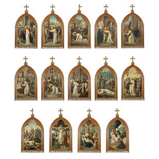 A large 'Stations Of The Cross' oil on copper, Gothic Revival wood frames. 19th C. (W:71 x H:139 cm): A large 'Stations Of The Cross' oil on copper, Gothic Revival wood frames. 19th century. Condition report: - Missing pieces. - Some stations with flaking paint. Dimensions: (W:71 x