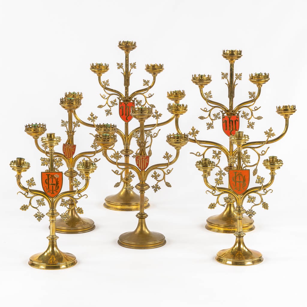 Three pairs of Church Candelabra, Brass, Gothic revival with a red IHS Logo. (W:42 x H:58 cm) (1 of 12)