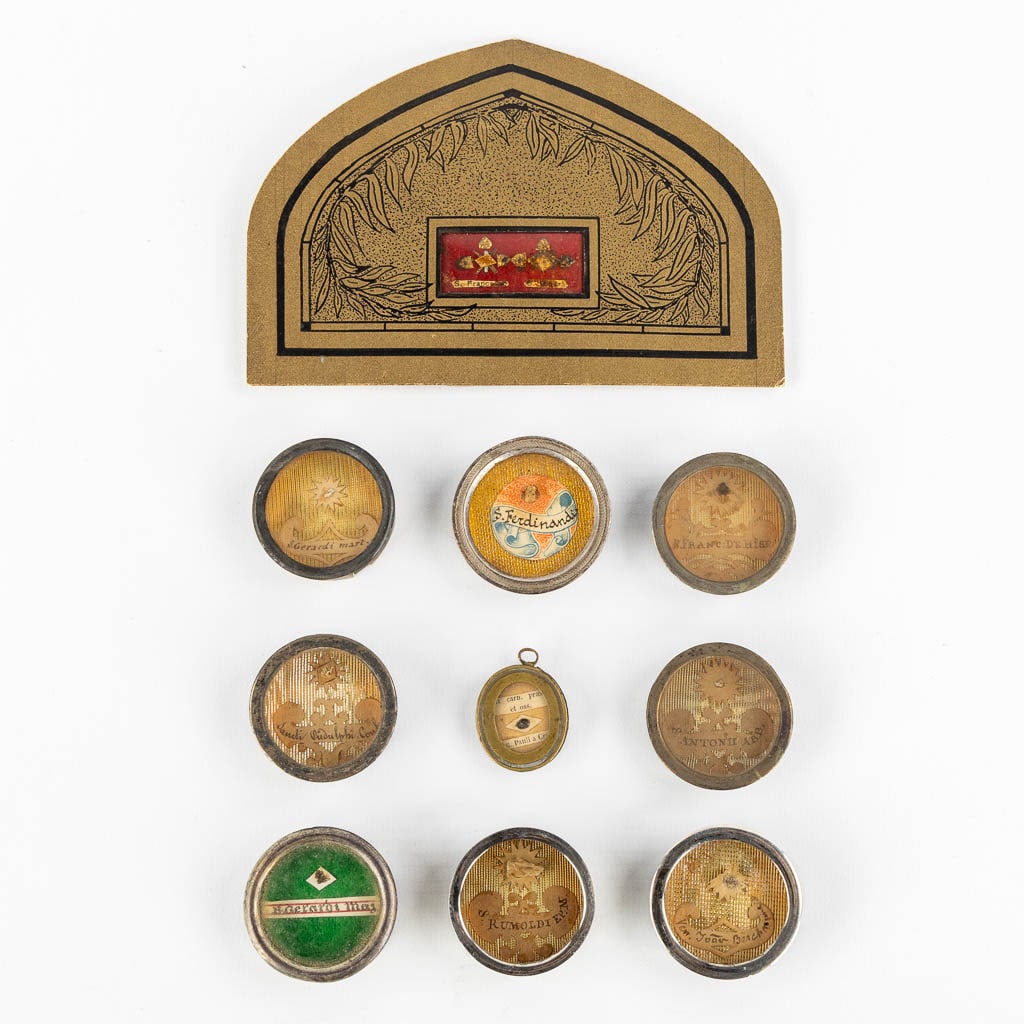 9 sealed theca with relics, and a sealed cardboard. Gerardi Major, Pauli à Cruce, Rumoldi Bishop, (1 of 14)