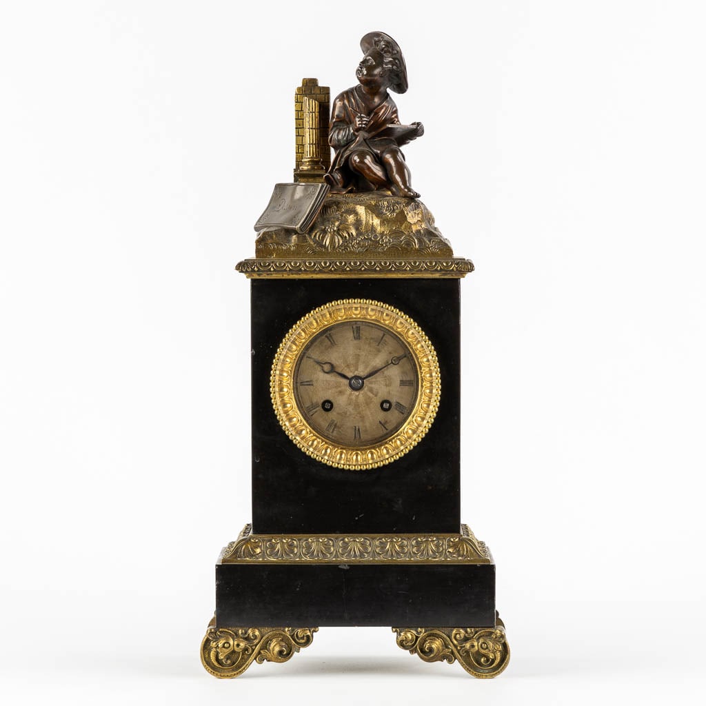 A mantle clock, bronze and marble with an image of the Arts and Crafts, Titled 'Dessin'. 19th C. (1 of 9)