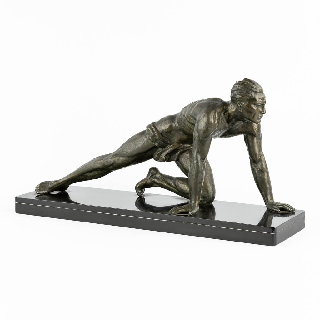 Jean DE RONCOURT (XIX-XX)(attr.) 'The Athlete' patinated spelter. (L:17 x W:60 x H:31 cm): Jean DE RONCOURT (XIX-XX)(attr.) 'The Athlete' patinated spelter. Mounted on a marble base. Not signed. Dimensions: (L:17 x W:60 x H:31 cm)