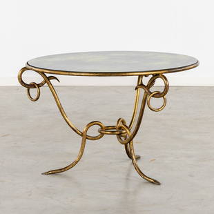 René DROUET (1899-1993) 'Round cofee table' (H:54 x D:87 cm): René DROUET (1899-1993) 'Round cofee table' With a fumed glass top, a weathered gold-plated metal base. The table is not signed. Condition report: Generally in good condition. Dimensions: (H: