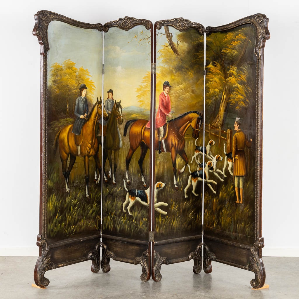 A 4-piece room divider with a painted hunting scène. (W:226 x H:190 cm): A 4-piece room divider with a painted hunting scène. Dimensions: (W:226 x H:190 cm)