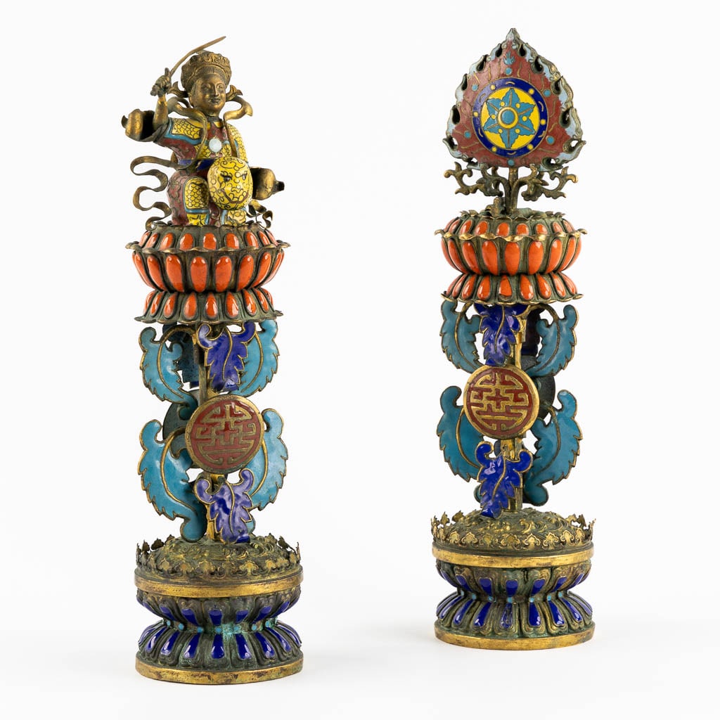 Two Chinese enamel inlaid and gilt metal Buddhist altar ornaments. 19th C. (H:32 x D:9 cm) (1 of 11)