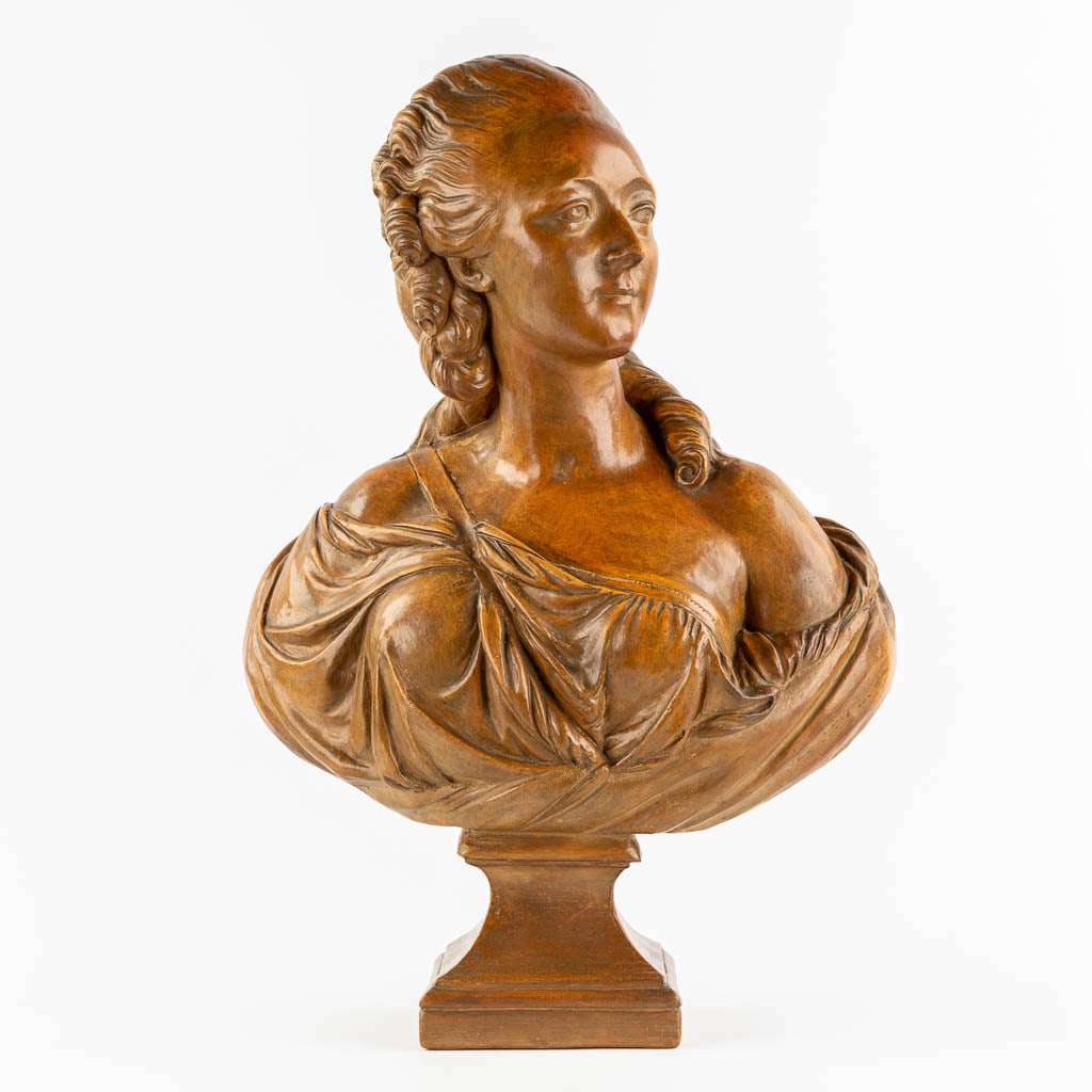 La Comtesse Du Barry' after Augustin PAJOU (1730-1809), patinated terracotta. (L:27 x W:46 x H:67: 'La Comtesse Du Barry' after Augustin PAJOU (1730-1809), patinated terracotta.