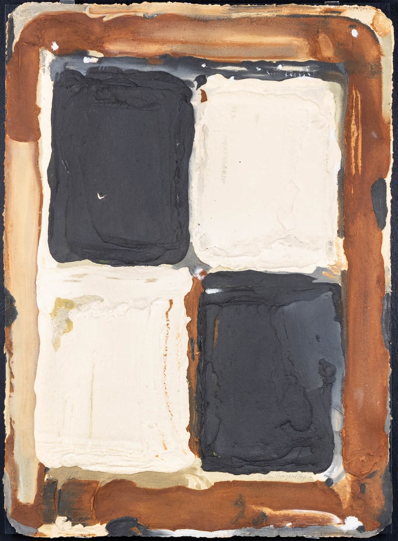 Bram BOGART (1921-2012) 'Brown, Black, White' aquagravure. 1989. (W:79 x H:110 cm): Bram BOGART (1921-2012) 'Brown, Black, White' aquagravure Signed lower left. Dated 1989. Numbered: 27/99. Framed and protected by a nice plexiglass frame.