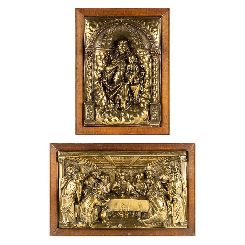 Two repousse copper panels, images of 'Madonna with child' and 'The Last Supper'. (W:63 x H:40 cm) (1 of 18)
