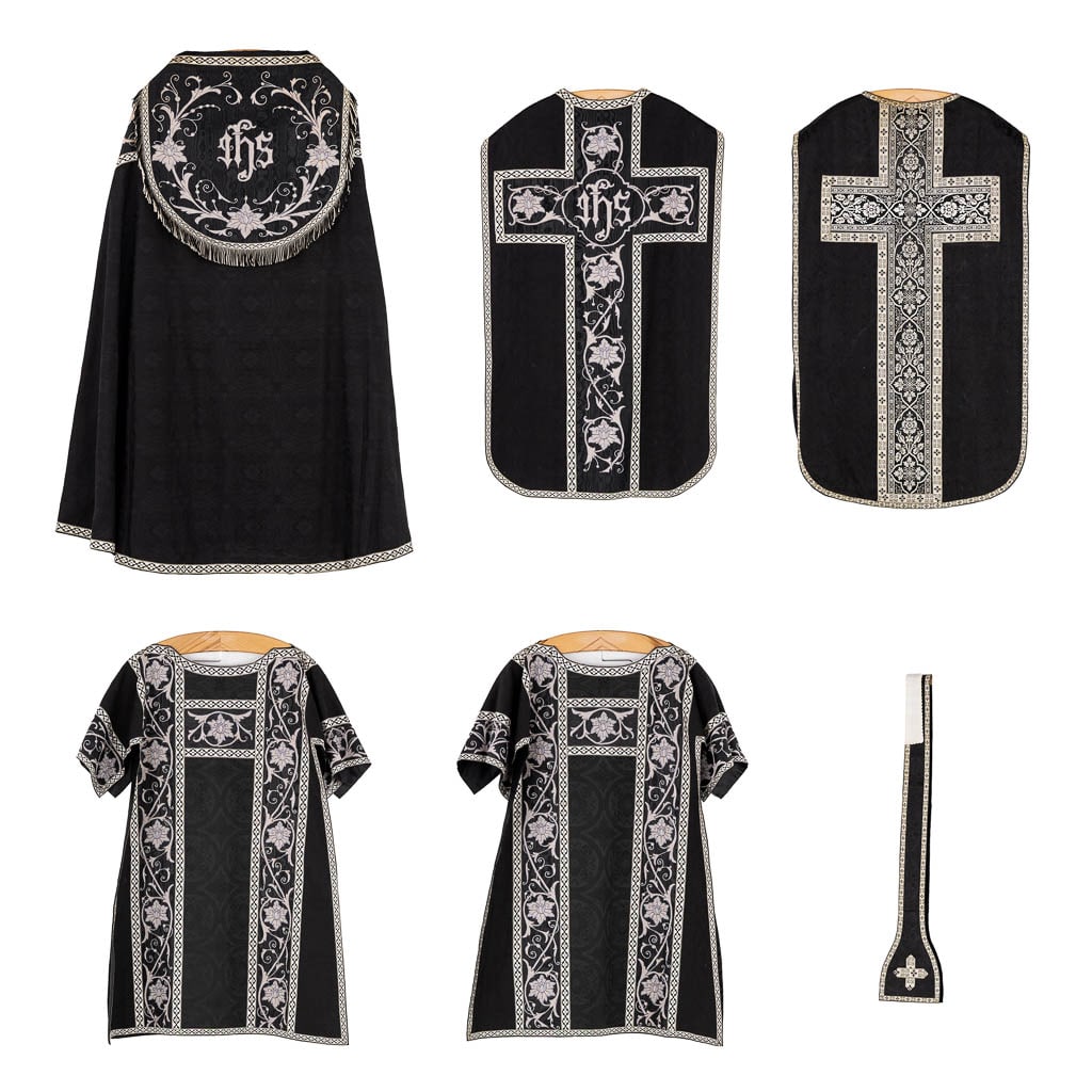 A Cope, two Dalmatics, Two Roman Chasubles, Stola. Embroideries with an IHS logo. (1 of 20)