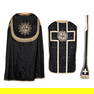 A Cope, Roman Chasuble and Stola, Thick silver brocade embroideries.