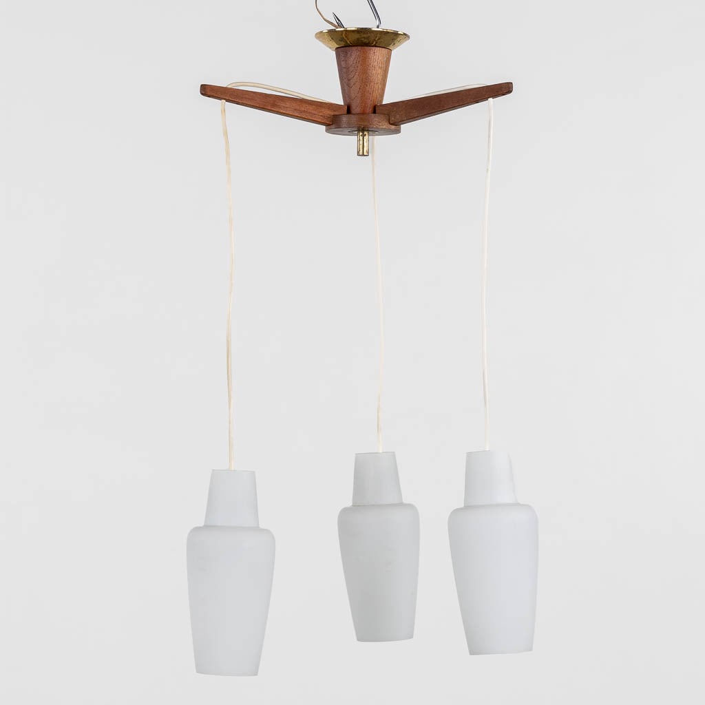 Fog & Morup, a Danish chandelier with three opaline glass lampshades. (L:37 x W:37 x H:78 cm): Fog & Morup, a Danish chandelier with three opaline glass lampshades. Dimensions: (L:37 x W:37 x H:78 cm)