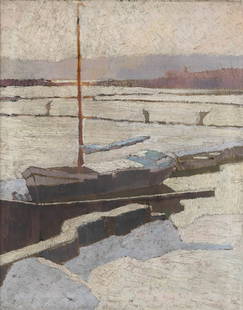 Tony VAN OS (1886-1945) 'Snow Landscape with a sailboat'. (W:40 x H:50 cm): Tony VAN OS (1886-1945) &#39;Snow Landscape with a sailboat&#39;. Oil on canvas. Signed lower right. Dimensions: (W:40 x H:50 cm)