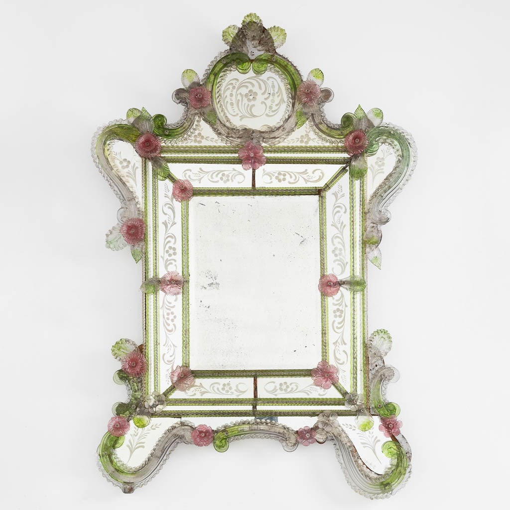 A Venetian glass mirror, Etched and coloured glass. Murano, Italy. (W:87 x H:126 cm) (1 of 10)