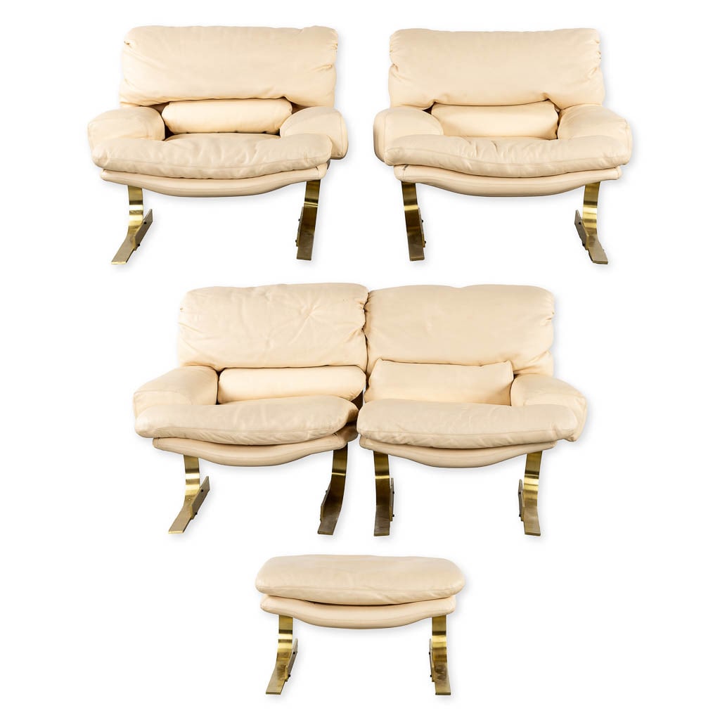 Zani Collection, Italy. A leather and gilt metal salon suite. (L:110 x W:175 x H:83 cm): Zani Collection, Italy. A leather and gilt metal salon suite. 4-piece, two single-seater settees, an ottoman and a two-person settee. Dimensions: (L:110 x W:175 x H:83 cm)