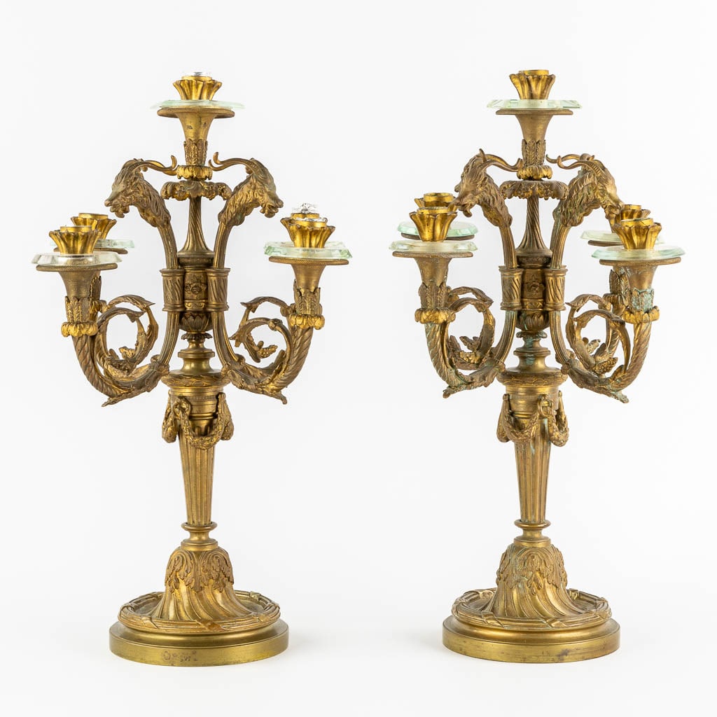 A pair of gilt bronze candelabra, mounted with crystal in a Louis XVI style. Circa 1900. (H:51 x (1 of 14)