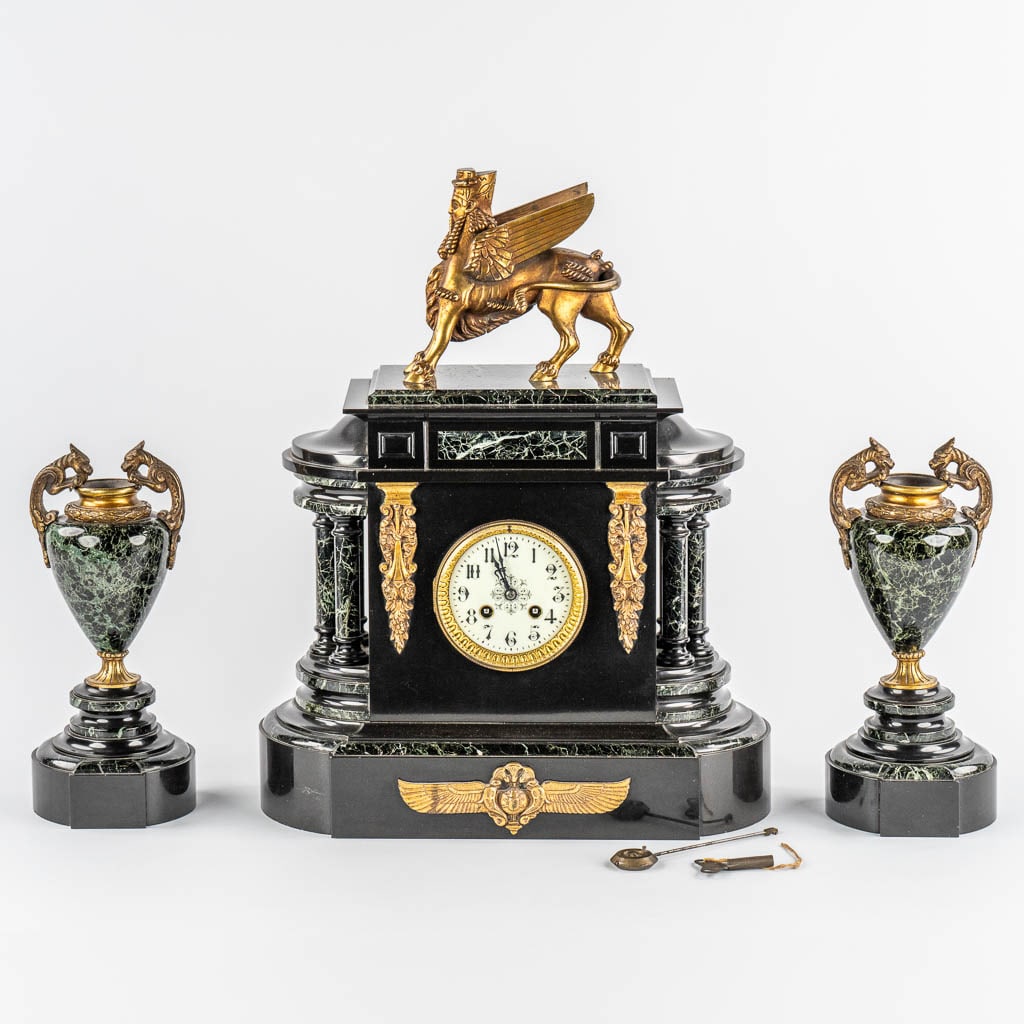 A Neoclassical three-piece mantle garniture clock and side pieces, marble and bronze. 19th C. (L:18 (1 of 11)