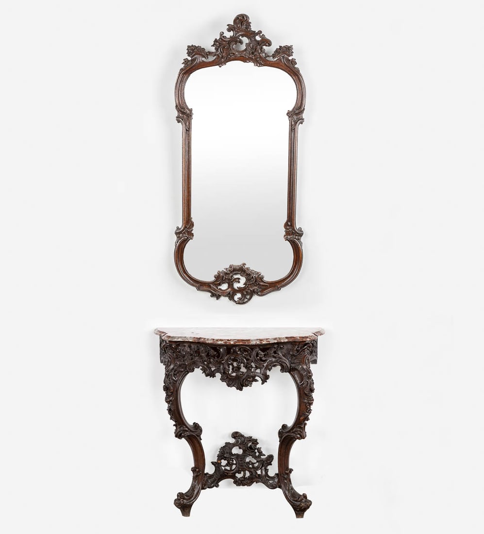 A richly sculptured console table with a matching mirror in Louis XV style. 1891. (H:260 cm) (1 of 19)