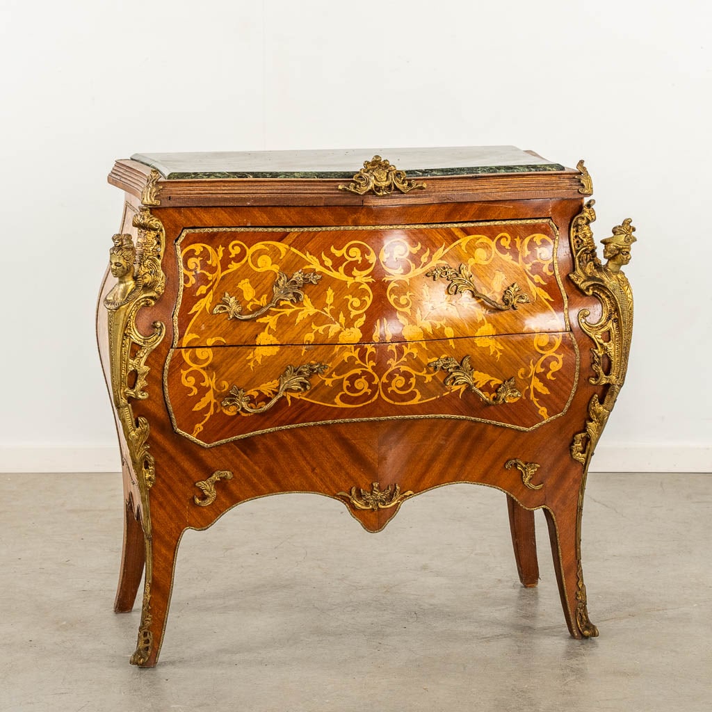 A two-drawer commode, Marquetry inlay mounted with bronze and marble. 20th C. (L:48 x W:95 x H:88 (1 of 12)