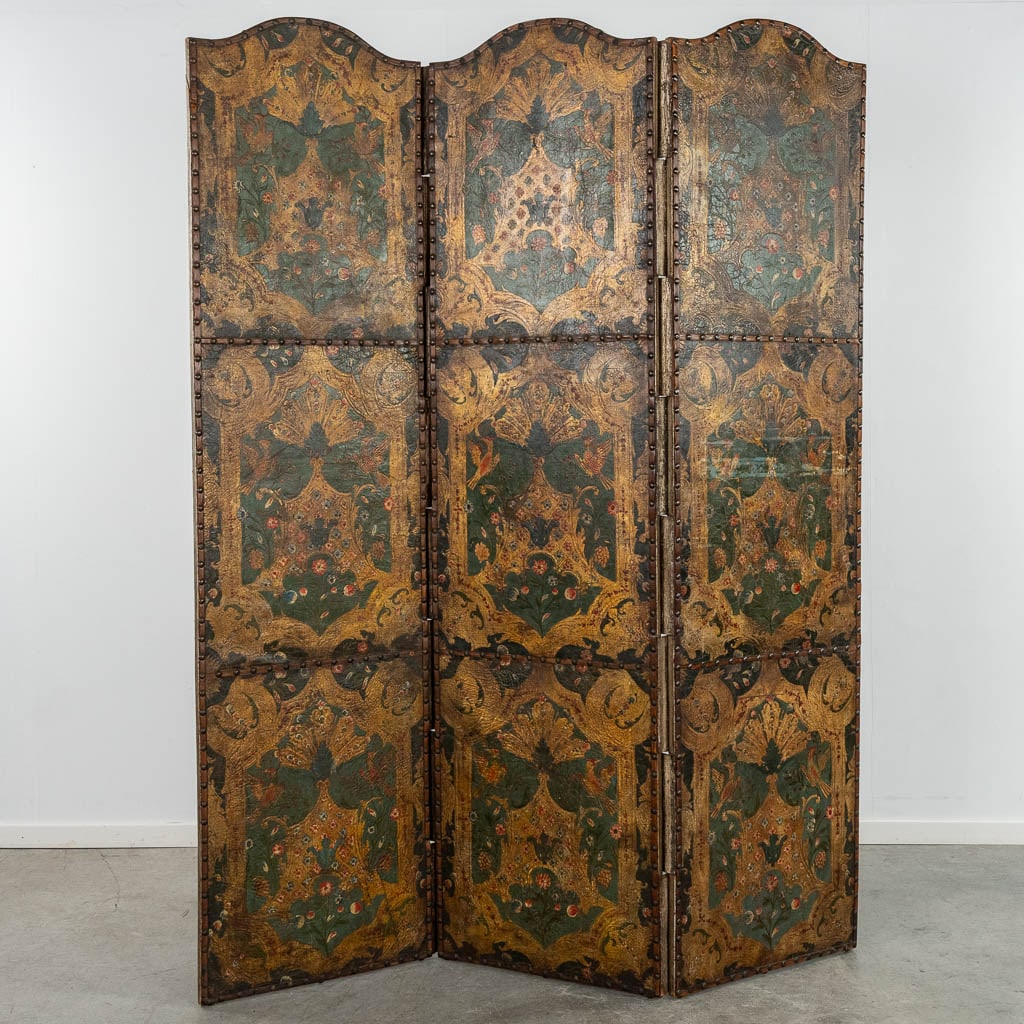 A three-piece room divider, Cordoba Leather, Spain, 19th C. (W:168 x H:216 cm) (1 of 7)