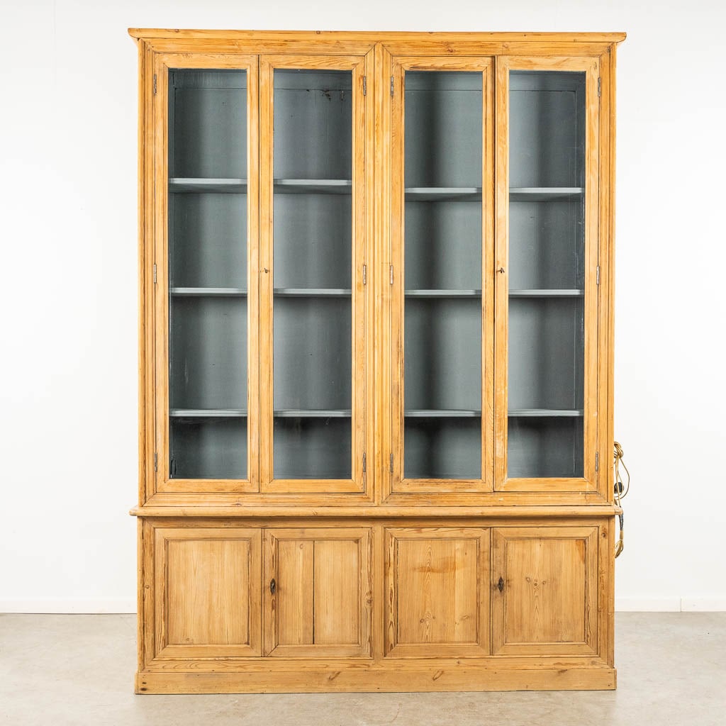 A large display cabinet with 4 glass doors, pine, circa 1880. (L:41 x W:190 x H:253 cm) (1 of 10)