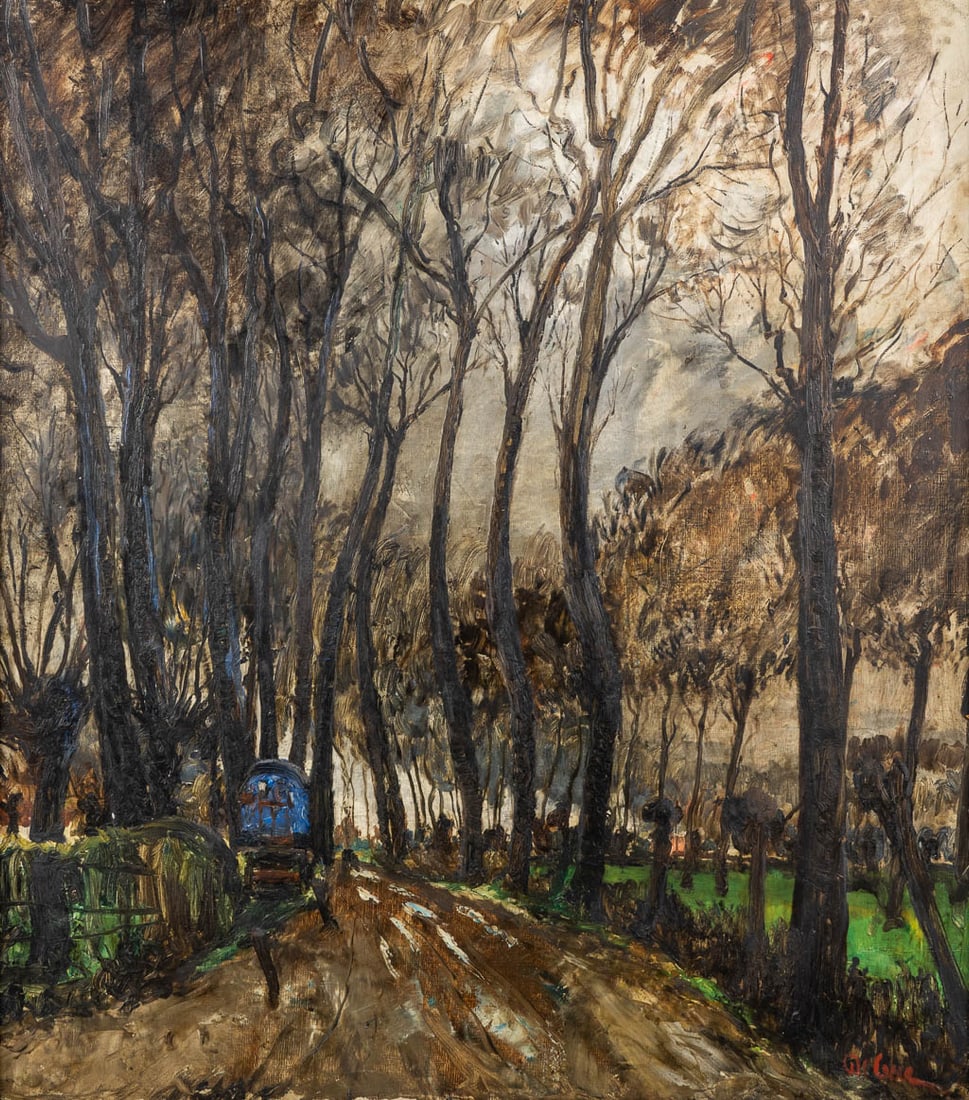 Joseph François DE COENE (1875-1950) 'Road with a blue cart'. (W:101 x H:110 cm): Joseph François DE COENE (1875-1950) 'Road with a blue cart' Oil on canvas. Signed lower right. On the reverse with an attribution to a friend. Dutch Description: Joseph François DE COENE (1