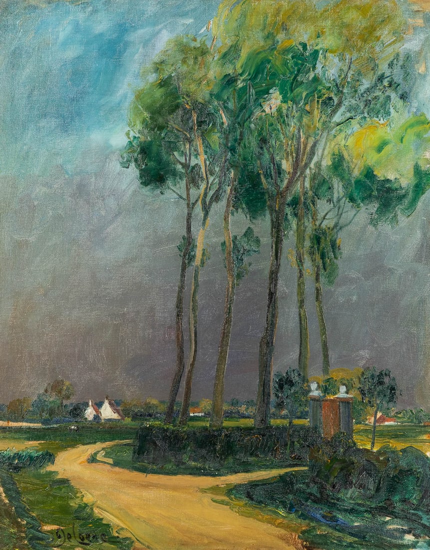 Joseph François DE COENE (1875-1950) 'Road with poplars'. (W:80 x H:101 cm): Joseph François DE COENE (1875-1950) 'Road with poplars' Oil on canvas. Signed lower right. On the reverse with an attribution to a friend, Mr. Toussaint Van Boelaere. Dutch Description: Jose