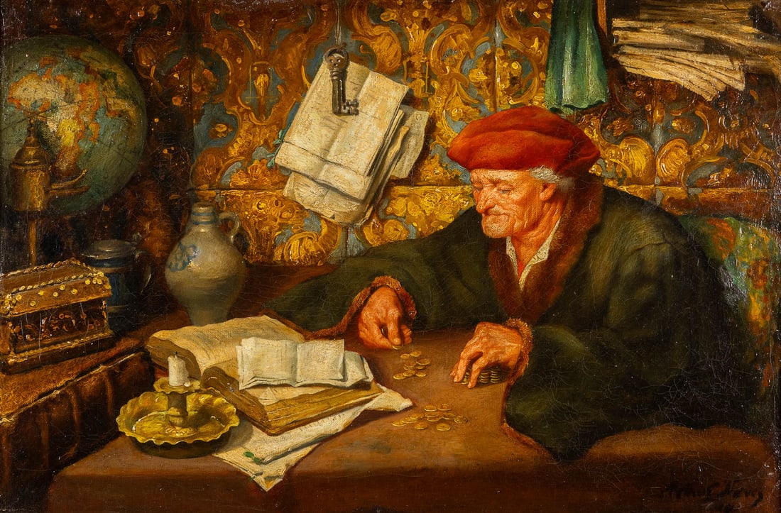Arthur NAVEZ (1881-1931) 'Le Banquier' (1910?). (W:60 x H:40 cm): Arthur NAVEZ (1881-1931) 'Le Banquier' Olie op doek. Getekend rechts onderaan, 'Arthur Navez'. Probably also dated, but hard to read. 1910. Condition report: Restorations to the canvas