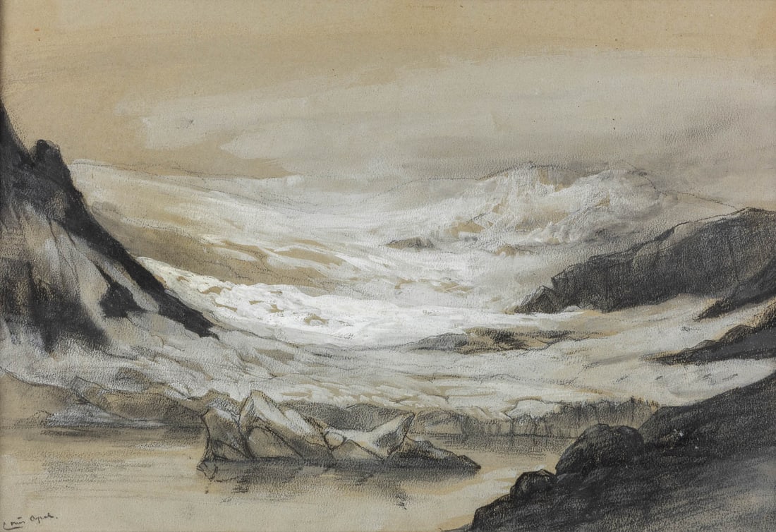 Louis APOL (1850-1936) 'The Glacier'. (W:54 x H:39 cm): Louis APOL (1850-1936) 'The Glacier' Pastel on paper. signed lower right. Dutch Description: Louis APOL (1850-1936) 'Gletjser' Pastel op papier. Getekend rechts onderaan. D
