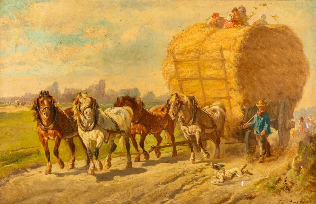 Henry SCHOUTEN (1857/64-1927) 'Moving the harvest'. (W:100 x H:65 cm): Henry SCHOUTEN (1857/64-1927) 'Moving the harvest' Oil on canvas. Signed with a pseudonym lower right. Dutch Description: Henry SCHOUTEN (1857/64-1927) 'Vervoeren van de oogst' Olie op